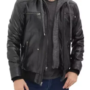 Black Leather Men's Bomber Jacket with Removable Hood